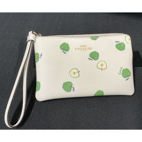 Coach Handbags - Coach Signature Canvas & Leather Green Apple Corner Zip Wristlet In Chalk